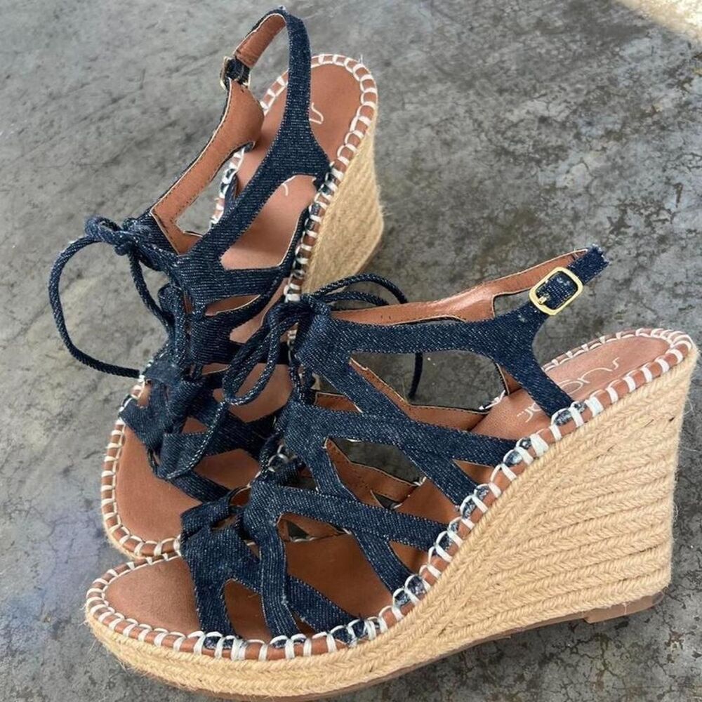 Sugar Denim Lace-Up Espadrille Wedge Sandals Boho High Heels Women's Size 8.5M